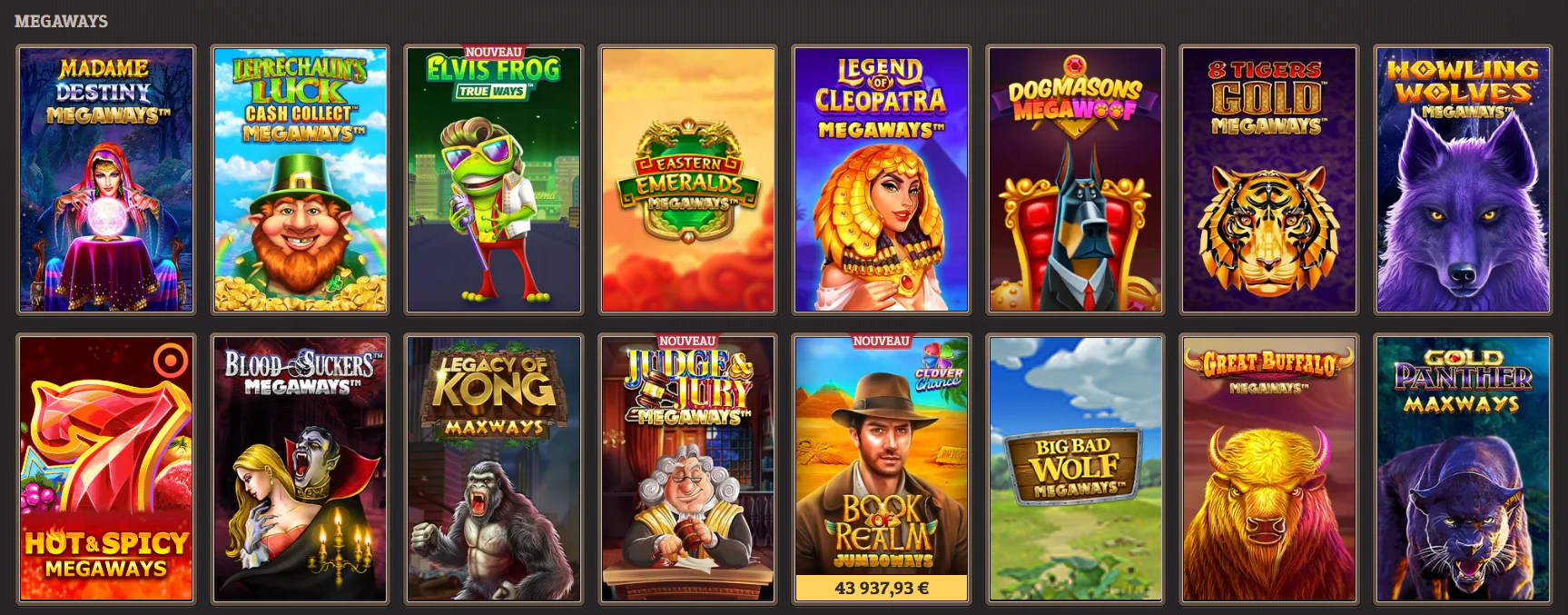 Section Megaways du casino SpinBoss avec plusieurs machines à sous